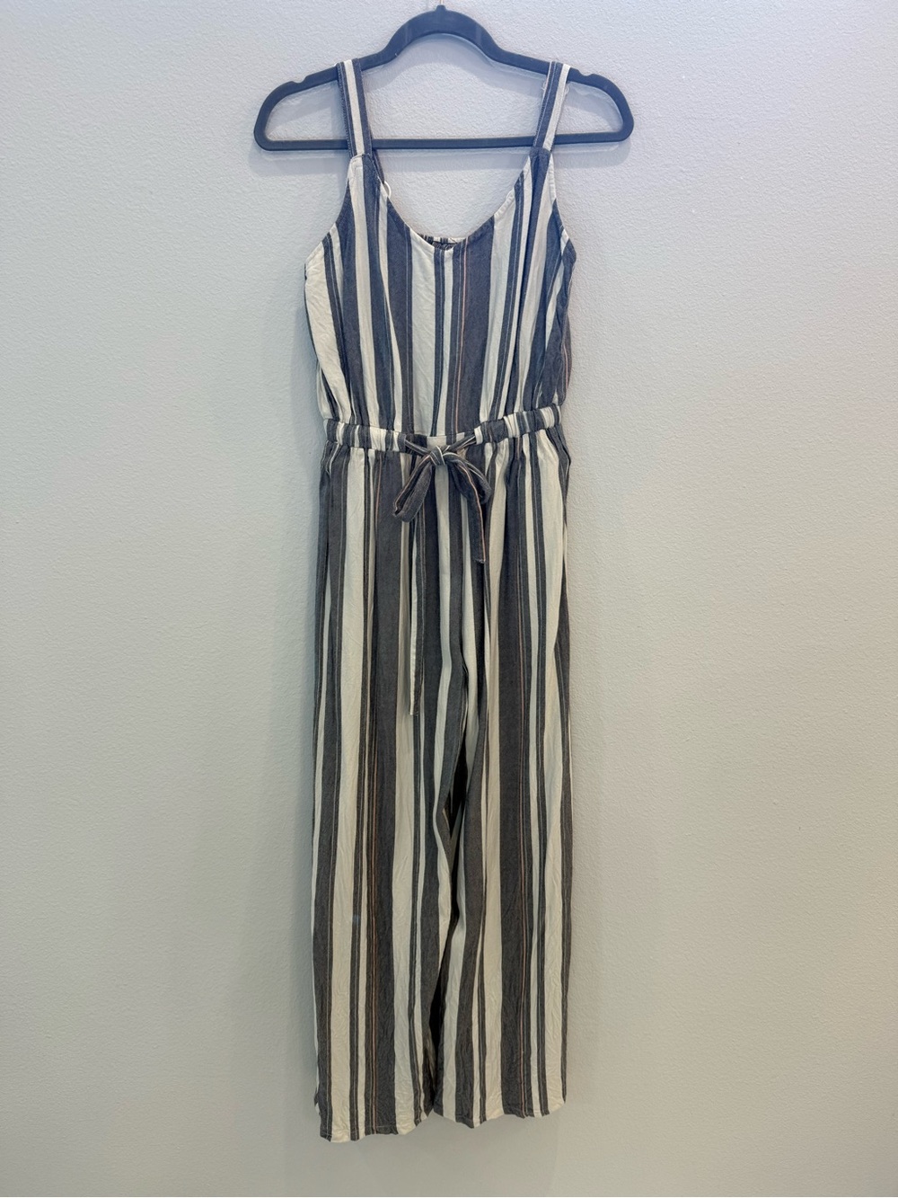Petite Medium - stripe jumpsuit with adjustable straps & tie waistband